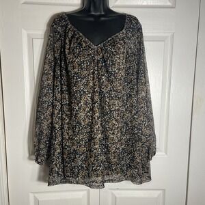 Terra Sky Mesh Shirt Women 4X Brown Beige Long Sleeve Sheer Lined V Neck Tunic